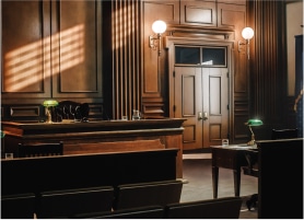 A wooden courtroom interior featuring a judge’s bench, empty seats, and illuminated lamps, with sunlight casting shadows.