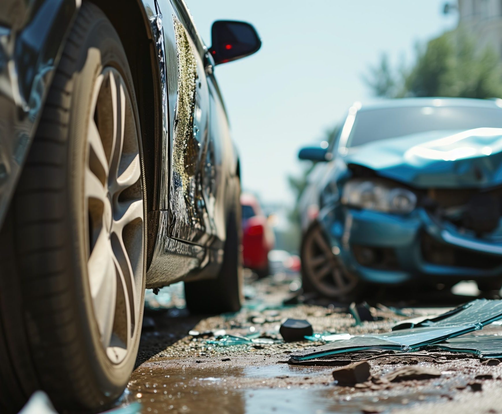 Close-up of a car collision showing a damaged blue car